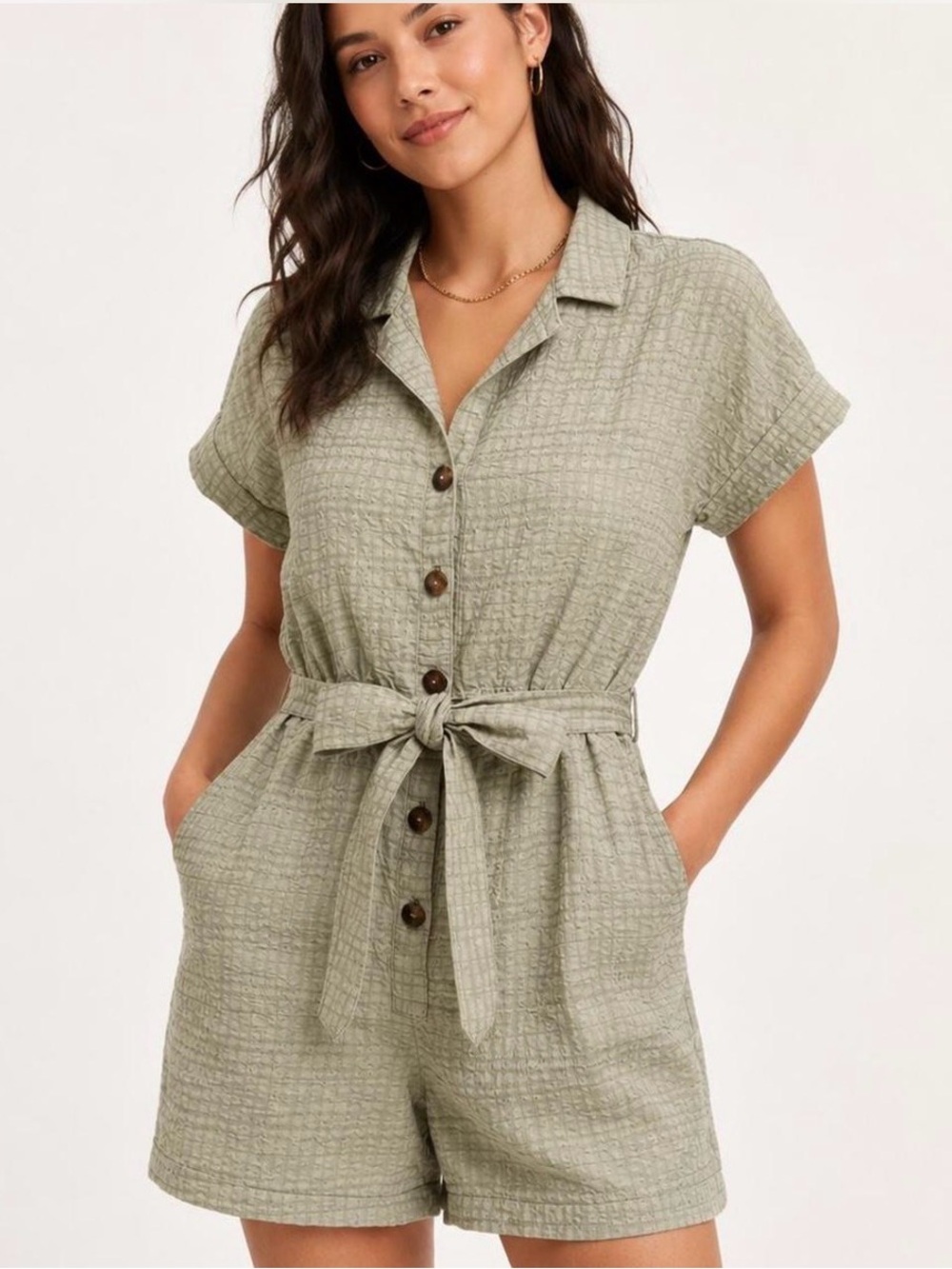 Madewell Sage Green Button-Front Tie-Waist Romper
